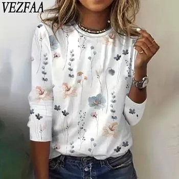 VEZFAA женские модные повседневные пуловеры с круглым вырезом и длинными рукавами с цветочным узором и принтом
