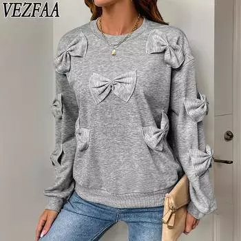 VEZFAA Женские модные повседневные свитера с длинным рукавом и круглым вырезом на осень-зиму S светло-серый