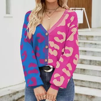 VEZFAA женские модные повседневные свободные свитера с леопардовым принтом весна-осень с длинным рукавом и v-образным вырезом