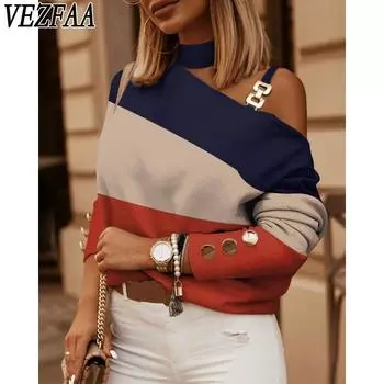 VEZFAA Женская мода Повседневная весна-осень Длинные рукава Висячие блузки и рубашки S