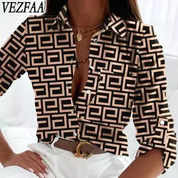 VEZFAA женские модные повседневные весенне-осенние блузки и рубашки-поло с длинными рукавами и воротником-стойкой