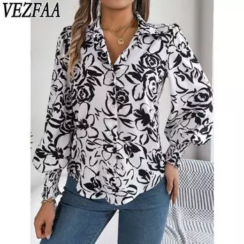 VEZFAA Женские модные повседневные весенне-осенние цветочные принты с длинными рукавами и воротником-поло, блузки и рубашки S белый