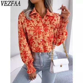 VEZFAA Женские модные повседневные весенне-осенние цветочные принты с длинными рукавами и воротником-поло, блузки и рубашки S оранжевый