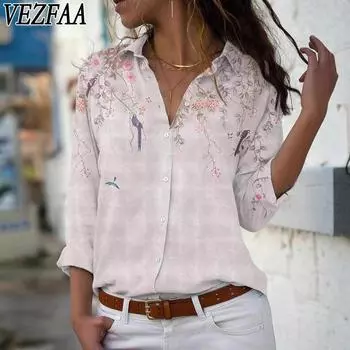 VEZFAA Женские модные повседневные весенне-осенние цветочные принты с длинными рукавами и воротником-поло, блузки и рубашки S розовый