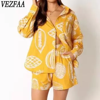 VEZFAA Женские модные повседневные весенне-осенние цветочные узоры с длинными рукавами и принтом-поло, брюки, брюки, костюмы S