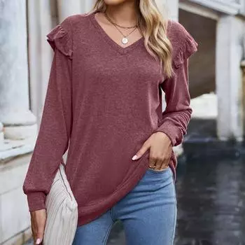 VEZFAA женские модные повседневные весенне-осенние однотонные пуловеры с длинными рукавами и v-образным вырезом с принтом и длинными рукавами