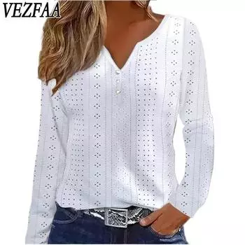 VEZFAA женские модные повседневные весенне-осенние однотонные блузки и рубашки с v-образным вырезом и длинными рукавами с принтом S белый