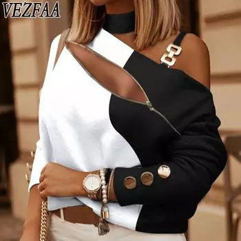 VEZFAA женские модные повседневные весенне-осенние однотонные блузки и рубашки с длинными рукавами и принтом