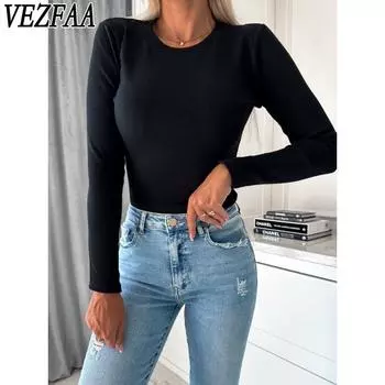 VEZFAA Женская мода Повседневная весна-осень Однотонные принты Длинные рукава О-образный вырез Блузки и рубашки S чёрный
