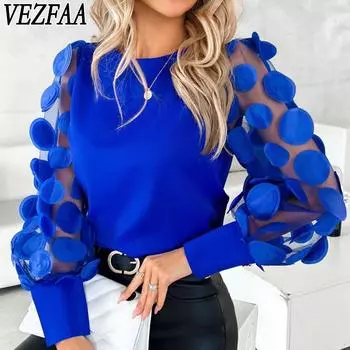 VEZFAA Женская мода Повседневная весна-осень Однотонные принты Длинные рукава О-образный вырез Блузки и рубашки S красный