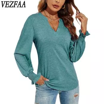 VEZFAA женские модные повседневные весенне-осенние однотонные блузки и рубашки с v-образным вырезом и длинными рукавами с принтом S чёрный