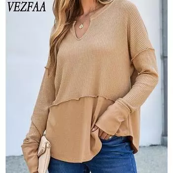 VEZFAA женские модные повседневные весенне-осенние однотонные блузки и рубашки с v-образным вырезом и длинными рукавами с принтом S хаки