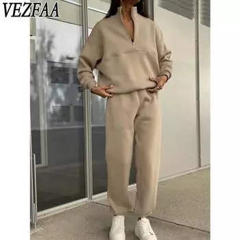 VEZFAA Женские модные повседневные весенне-осенние однотонные брюки-поло с длинным рукавом и принтом, брюки, костюмы S розовый