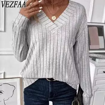 VEZFAA женские модные повседневные весенне-осенние однотонные блузки и рубашки с v-образным вырезом и длинными рукавами с принтом S чёрный