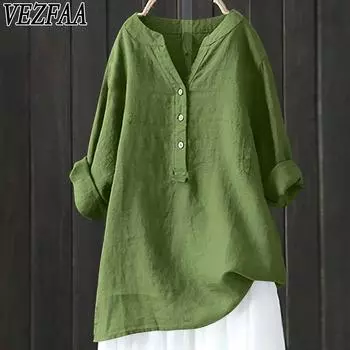 VEZFAA женские модные повседневные весенне-осенние однотонные блузки и рубашки с v-образным вырезом и длинными рукавами с принтом S зелёный