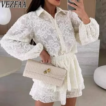 VEZFAA Женские модные повседневные весенне-осенние однотонные брюки-поло с длинным рукавом и принтом, брюки, костюмы S белый