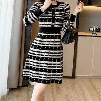 VEZFAA женские модные весенне-осенние повседневные платья с длинным рукавом и круглым вырезом с высокой талией