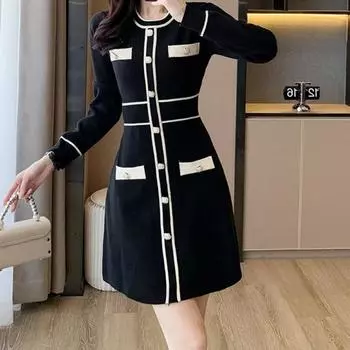 VEZFAA женские модные весенне-осенние повседневные платья с длинным рукавом и круглым вырезом с высокой талией