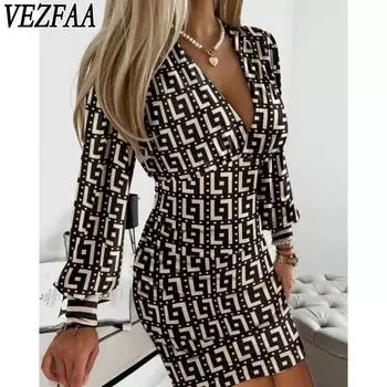 VEZFAA женские модные весенне-осенние повседневные платья с цветочным узором и длинными рукавами и v-образным вырезом S чёрный