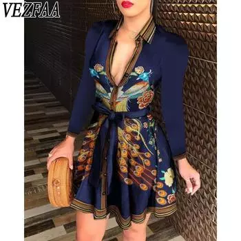 VEZFAA женские модные весенне-осенние повседневные платья с длинными рукавами и воротником-поло со средней талией S