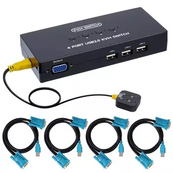 VGA KVM-переключатель 4 USB VGA KVM-переключатель для 4 Включает 1 3 USB Клавиатура Мышь Сканер 4 KVM-кабеля и настольные порты управления, компьютеры, мониторы, чёрный