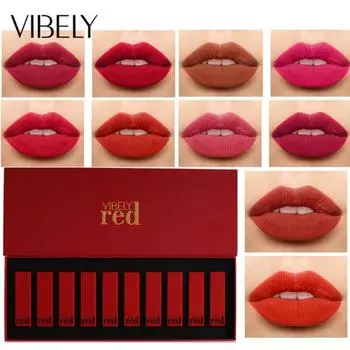 VIBELY Red Lips, мед, красная матовая туманная поверхность, стойкая водостойкая помада, подарочный набор из десяти цветов 10pcs
