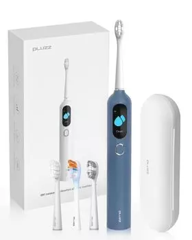 Вибрационная электрическая зубная щетка PLUZZ EB1 Smart High Speed Sonic Toothbrush 4 насадки [Технология Sweep] (Синий, EB1)