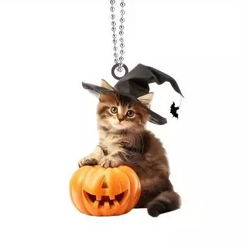 Vibrant 2d Pumpkin Cat Car Pendant Crafted From Acrylic For Cute Decor Halloween StyleA