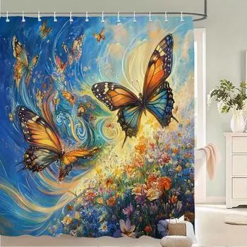 Vibrant Butterfly Garden Waterproof Mildew-Resistant Shower Curtain - Artistic Design for a Magical Bathroom Dcor Experience W90XH180cm