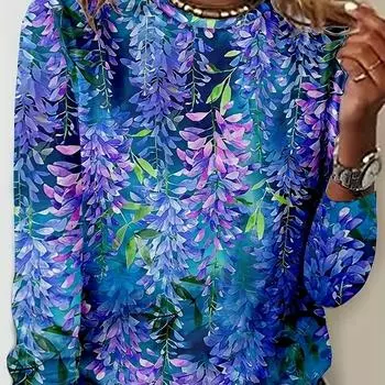 Vibrant Geometric Print Crew Neck T-Shirt Casual Long Sleeve Top for Spring Fall - Womens Regular Fit Clothing S