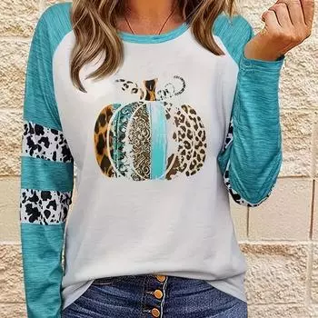 Vibrant Pumpkin Print Crew Neck T-Shirt - Long Sleeve, Casual, Comfy, Autumn & Spring Essential - Women s Fashion Clothing for Everyday Wear S