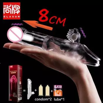 Вибрирующий презерватив-удлинитель пениса 8 см, кольцо на рукаве члена, многоразовые презервативы для увеличения пениса M