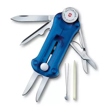 VICTORINOX Golf Прозрачный маркер для мячей для гольфа с возможностью ремонта, оснащенный съемным мячом, швейцарский спортивный инструмент с 10 функциями, синий, вилка,