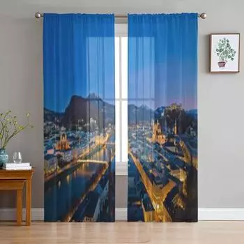 Вид на город Зальцбург в Австрии Тюль Прозрачные шторы для гостиной Украшения кухни Вуаль Шторы из органзы 135W x 114H(cm)