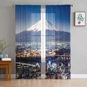 Вид на закат с видом на Токио и гору Фудзи Шифоновые прозрачные шторы для гостиной, спальни, украшения окон, вуали, тюль, занавески 135W x 114H(cm)
