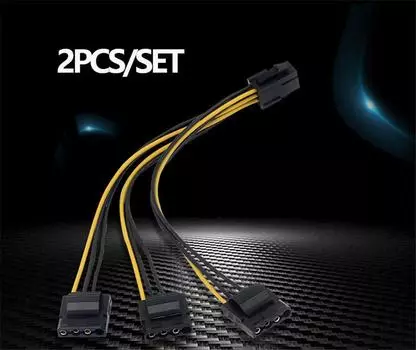 Video card power splitter cable with 2 pcie 6-pin female connectors to 3 molex ide 4-pin connectors