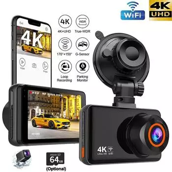 Видеорегистратор для автомобилей 4K Передняя и задняя камера Автомобильный видеорегистратор WIFI Автомобильная камера для транспортного средства Видеорегистратор Камера заднего вида Парковочный монитор NONE