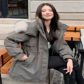 Vielleicht зимняя куртка на хлопковой подкладке, женское пальто, парки с хлопковой подкладкой и меховым капюшоном, короткая куртка-пуховик, зимняя одежда, женская верхняя одежда M бежевый