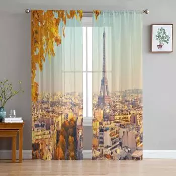 View On Eiffel Tower At Sunset Paris France Sheer Curtains for Living Room Tulle Window Curtain Bedroom Kitchen Veil Drapes 135W x 114H(cm)