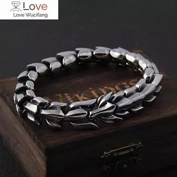 Викинг Уроборос Винтажный панк-браслет для мужчин из нержавеющей стали Модные ювелирные изделия Уличная культура хип-хопа 21cm чёрный