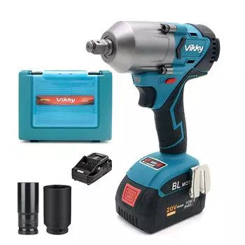 Vikky 20V Аккумуляторный ударный гайковерт 750 Нм с глубокой ударной головкой Привод Метрический 4.2 Ач Комплект, (550 фут-фунтов), 1/2 дюйма, Набор из 2 предметов, 1/2