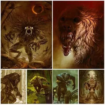 Викторианский Человек-волк и Великий Демон Леса Ретро Настенная Картина Холст Картина Ревущий Плакат 21cm30cm NoFrame