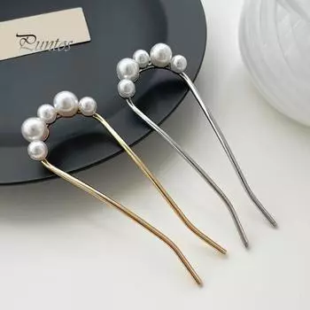Вилка для французских волос, элегантная противоскользящая Длинная толстая прическа в виде пучка с искусственным жемчугом, металлическая U-образная заколка для волос, аксессуары для волос для женщин и девочек серебряный