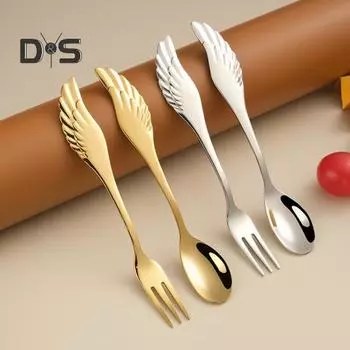 Вилка для фруктов из нержавеющей стали, зеркальная полировка, длинная ручка, креативное крыло, кофейная ложка, десертная вилка, кухонный гаджет серебряный