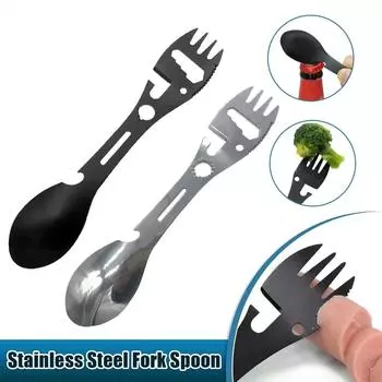 Вилка для кемпинга, ложка из нержавеющей стали 10 в 1, встроенные столовые приборы, многофункциональный инструмент, открывашка для консервных банок, нож для бутылок, портативная посуда для пикника на открытом воздухе
