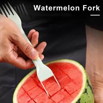 Вилка для нарезки арбуза 2-в-1, резак для кубиков арбуза из нержавеющей стали, вилка для фруктов, эффективная резка, многофункциональный кухонный гаджет розовый