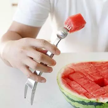 Вилка для нарезки арбуза из нержавеющей стали 2-в-1, многофункциональная летняя машина для изготовления кубиков арбуза, резак для фруктов, режущий инструмент для нарезки, кухонные гаджеты серебряный