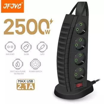 Вилка европейского стандарта, 2500 Вт, Power Tower Strip, удлинительный кабель 2 м, 4 розетки с защитой от перегрузки, 4 порта зарядки типа C, Multienchufes