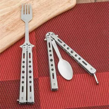 Вилка и ложка-бабочка, складная бабочка из нержавеющей стали, походная кухня, барбекю, гриль, пикник, столовые приборы, посуда One Size