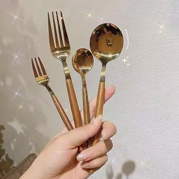 Вилка ложка из нержавеющей стали золотые столовые приборы для помешивания десертные столовые ложки корейская домашняя ложка вилка для кухни столовые принадлежности